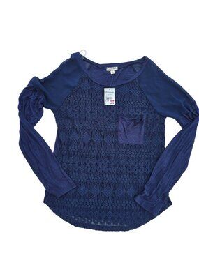 Eyeshadow Women's Long Sleeve Crochet Front Navy Blue Top S Cotton/Viscose Boho